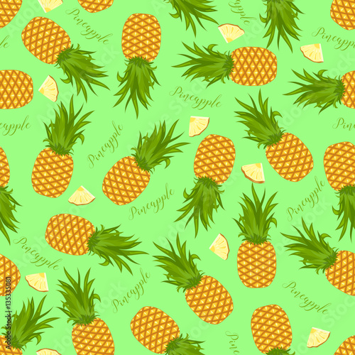 Seamless background of whole pineapples and pineapple slices. Pattern.