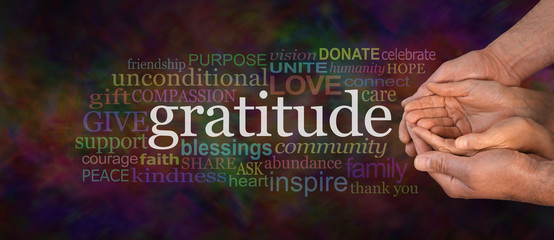 Gratitude Attitude Website Campaign Banner -  Male hands  cradling female cupped hands on a wide warm dark multicolored background with a GRATITUDE word cloud 