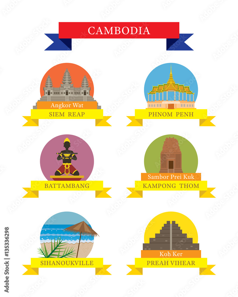 Cambodia Provinces and Landmarks Icons Set, City, Travel and Tourist Attraction