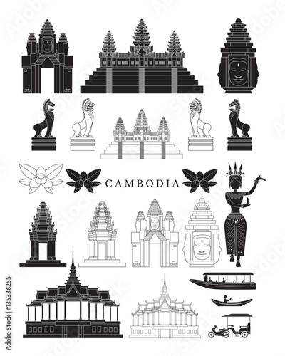 Cambodia Landmarks and Culture Object Set, Design Elements, Black and White, Line and Silhouette