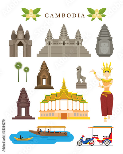 Cambodia Landmarks and Culture Object Set, Colourful, Design Elements, Architecture and Transportation