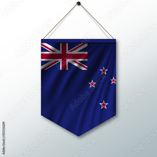 The national flag of New Zealand. The symbol of the state in the pennant hanging on the rope. Realistic vector illustration.