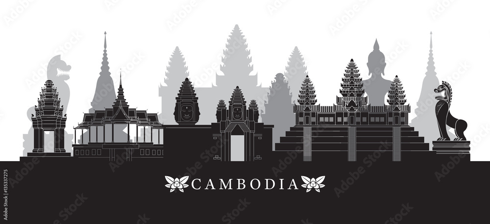 Cambodia Landmarks Skyline in Black and White, Cityscape, Travel and Tourist Attraction