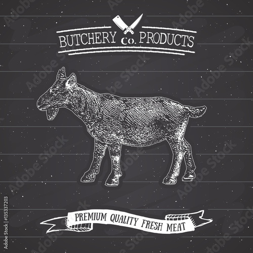 Butcher Shop vintage emblem goat meat products, butchery Logo template retro style. Vintage Design for Logotype, Label, Badge and brand design. vector illustration on chalkboard