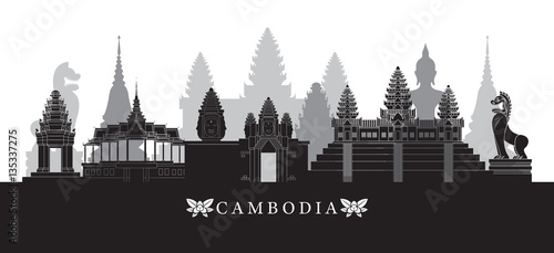 Cambodia Landmarks Skyline in Black and White, Cityscape, Travel and Tourist Attraction