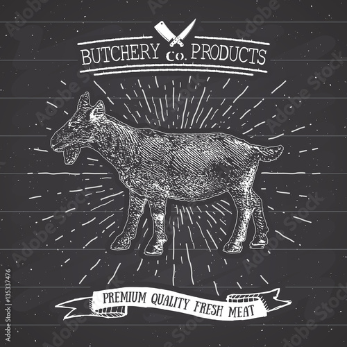 Butcher Shop vintage emblem goat meat products, butchery Logo template retro style. Vintage Design for Logotype, Label, Badge and brand design. vector illustration on chalkboard