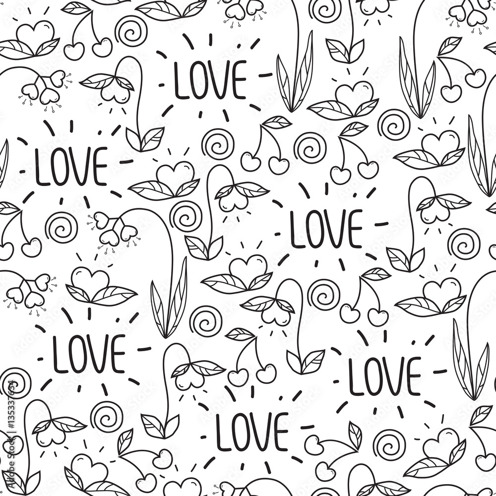 seamless Valentine's day pattern in doodle style isolated on white background.vector elements:hearts,leaves,cherry,flowers and lettering.