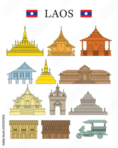 Laos Landmarks and Culture Object Set, Design Elements, Colourful, Line and Shape