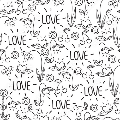 seamless Valentine s day pattern in doodle style isolated on white background.vector elements hearts leaves cherry flowers and lettering.