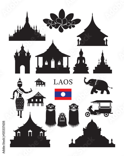 Laos Landmarks and Culture Object Set, Design Elements, Black and White, Silhouette