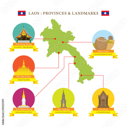 Laos Provinces and Landmarks Icons with Map, Travel and Tourist Attraction, Place photo
