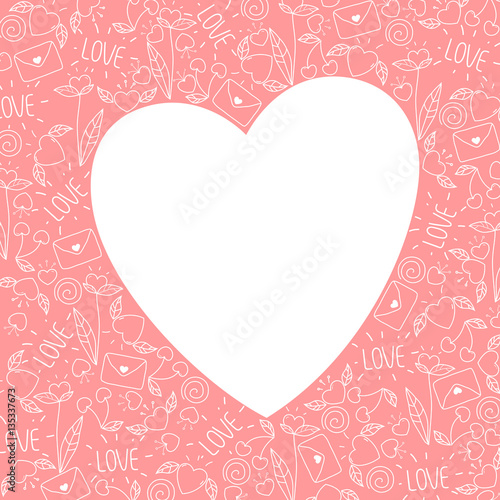 happy valentines day greeting card. vector love symbols in doodle style. hand drawn illustration in pink and white colors. © mesori