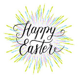 Happy Easter greeting card, poster with hand drawn colorful rays. Vector hand lettering quote.
