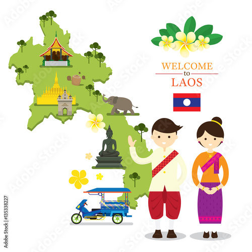 Laos Map and Landmarks with People in Traditional Clothing, Culture, Travel and Tourist Attraction photo