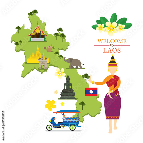 Laos Map and Landmarks with Traditional Dancer, Culture, Travel and Tourist Attraction