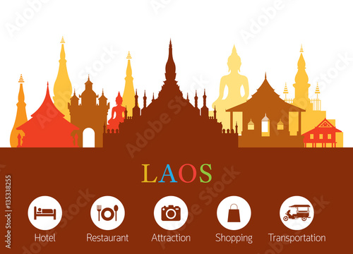Laos Landmarks Skyline with Accommodation Icons, Cityscape, Travel and Tourist Attraction