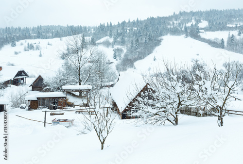 Winter Ukrainian Carpathian Mountains landscape.
