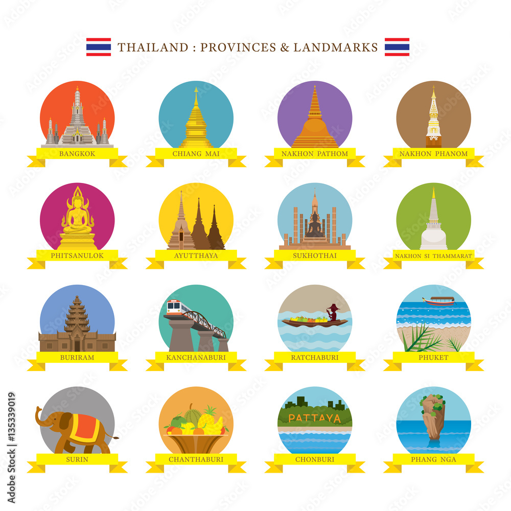 Fototapeta premium Thailand Provinces Landmarks and Icons, Travel and Tourist Attraction, Flat Design
