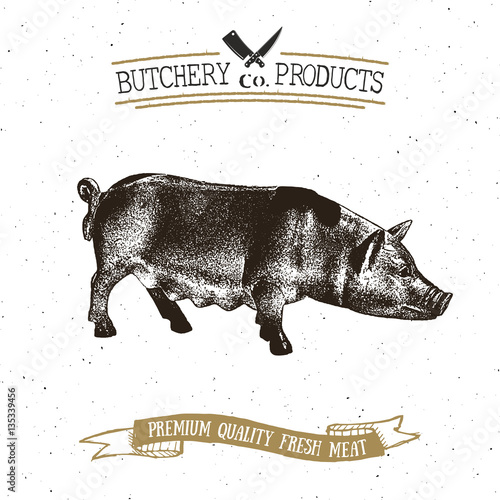 Butcher Shop vintage emblem pork meat products, butchery Logo template retro style. Vintage Design for Logotype, Label, Badge and brand design. vector illustration.