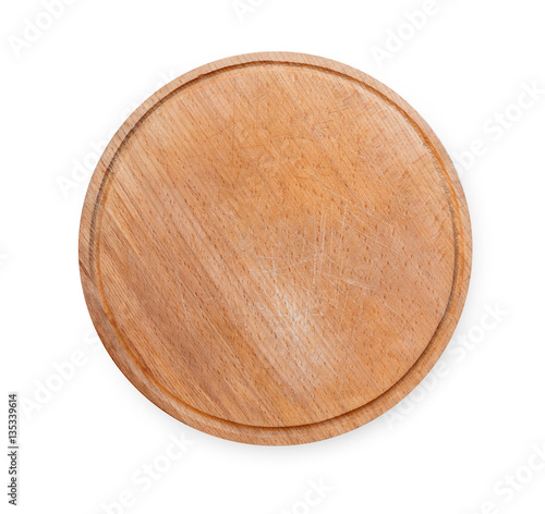 Wooden round board for pizza isolated on white