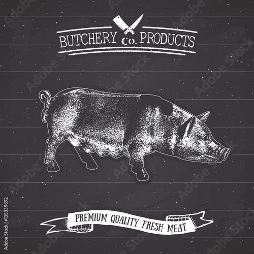 Butcher Shop vintage emblem pork meat products, butchery Logo template retro style. Vintage Design for Logotype, Label, Badge and brand design. vector illustration on chalkboard