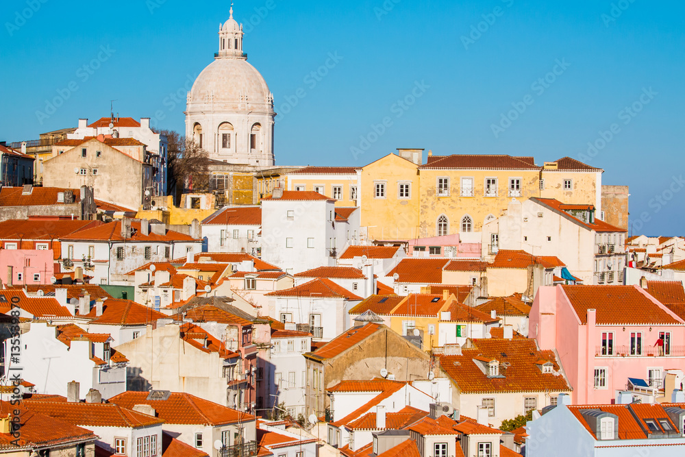 View of the Alfama Neighbourhood in Lisbon, Portugal, with colorful buildings National Pantheon