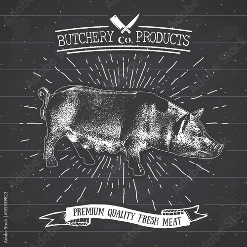 Butcher Shop vintage emblem pork meat products, butchery Logo template retro style. Vintage Design for Logotype, Label, Badge and brand design. vector illustration on chalkboard