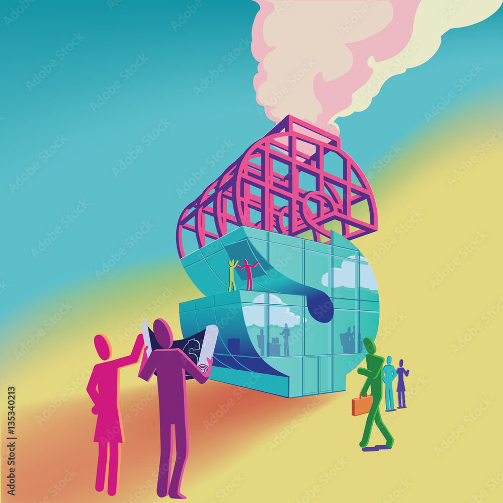 Building Dollars. Two architects with a blueprint look on at the construction ofa building in the shape of a dollar sign.