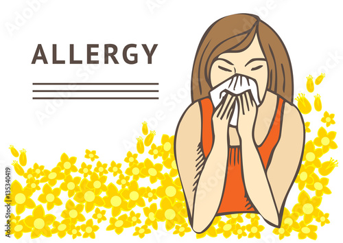 Allergies. Hay fever on white background and yellow flowers. Template