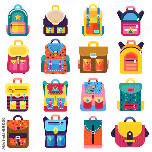 Flat school backpacks supplies set icons