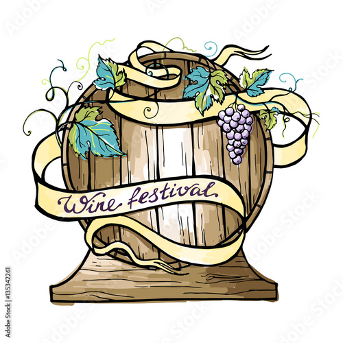 Watercolor wooden barrel wrapped in ribbon in graphic style hand-drawn vector illustration