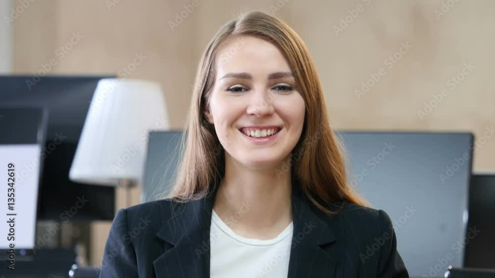 Woman Talking to Camera, Online Video Chat in Office Woman Talking to Camera, Online Video Chat in Office