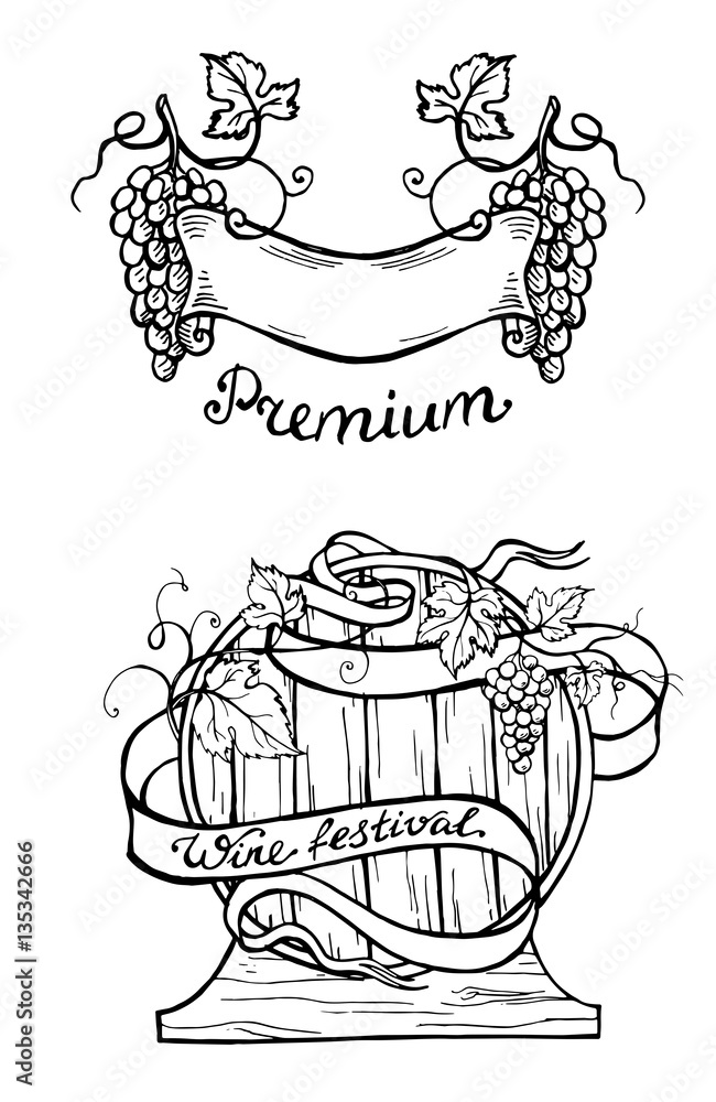 Wood barrel and ribbon and grape in graphic style hand-drawn vector illustration