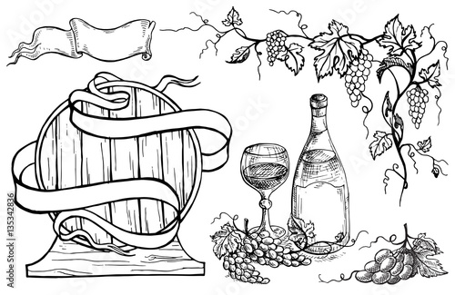 Wine set in graphic style hand-drawn vector illustration