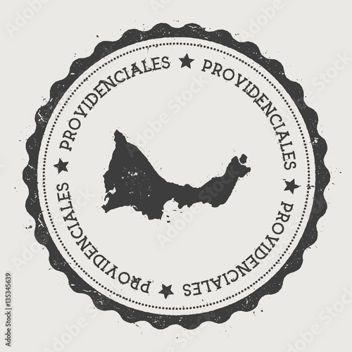 Hipster round rubber stamp featuring a vintage map of Providenciales, Turks and Caicos Islands, with circular text and stars.