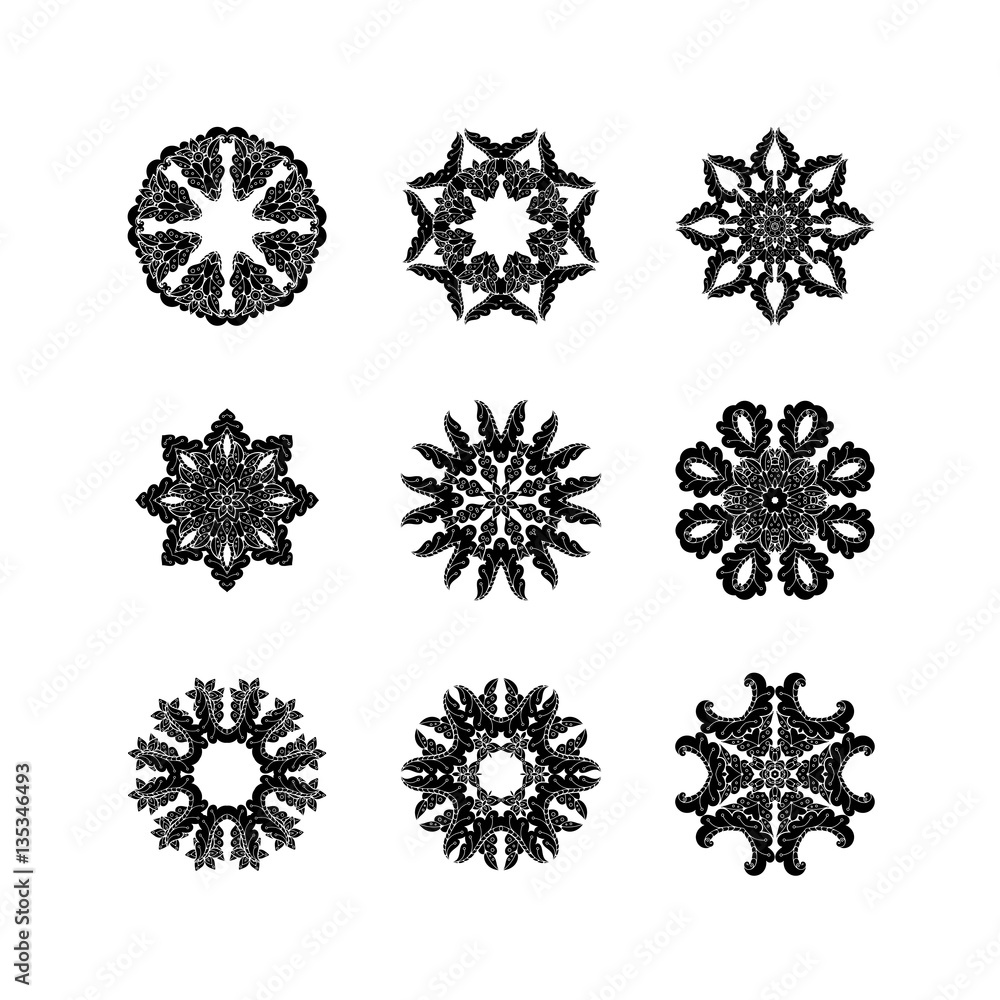 Set of ornate vector mandala symbols. Mehndi lace tattoo. Oriental weave. Set of ornate vector mandala symbols. Mehndi lace tattoo. Oriental weave.