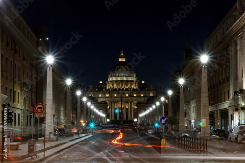 Night view on the St. Peter Basilica in Vatican city, Rome, Italy