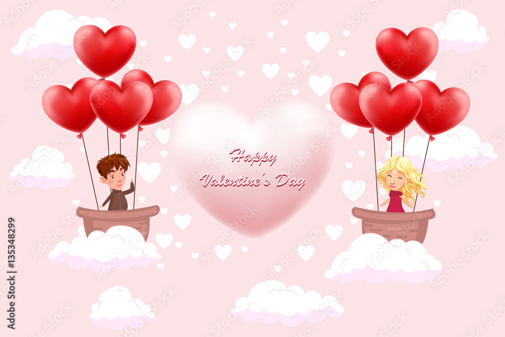 Invitation card Valentine's day abstract background with couple in love hovering in the clouds, pink heart with text. Vector illustration