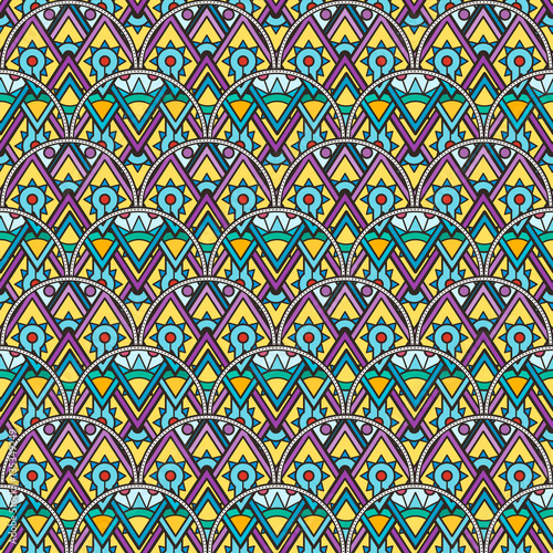 Patch Boho Flower Seamless Pattern. Mandala patchwork, oriental design. Wallpaper, furniture textile, fabric print, tile deco.
