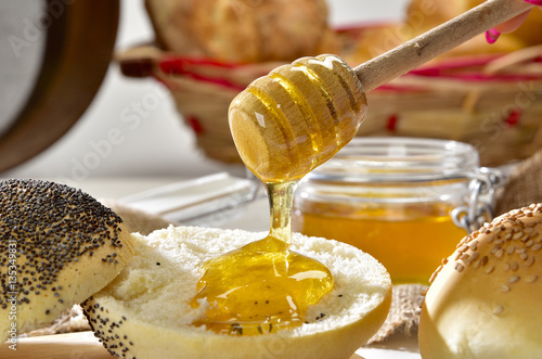 honey with bread for healthy breakfast photo