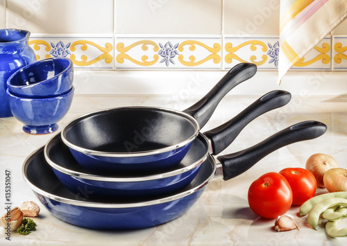 blue frying pans photo