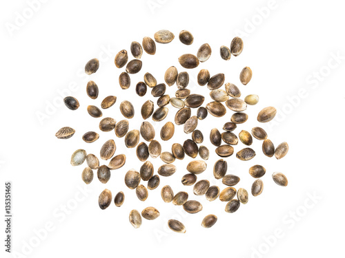 Some hemp seeds spread out and isolated on white background