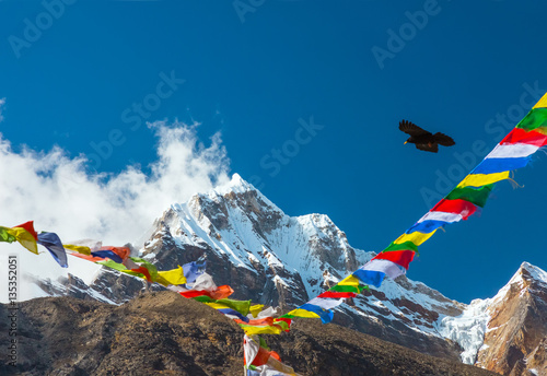 Majestic Mountain View with Buddhist Prayer Flags and Bird