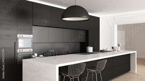 Classic kitchen, minimalistic interior design, close up photo