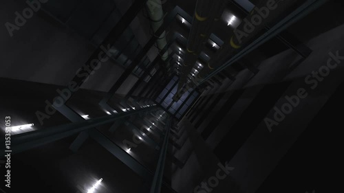 View in a elevator shaft, with moving cabine. camera is following (3d rendering)