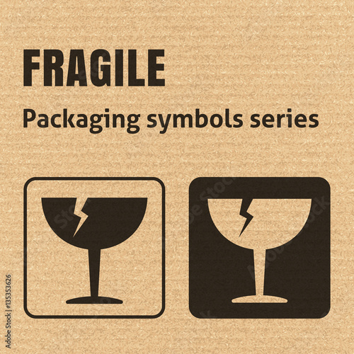 FRAGILE or Breakable Material packaging symbol on a corrugated cardboard background. For use on cardboard boxes, packages and parcels. EPS10 vector illustration