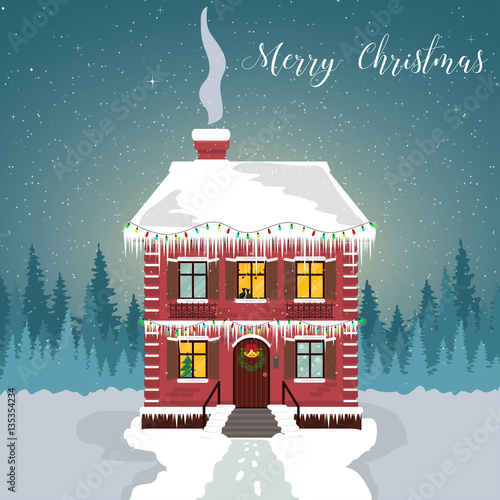 Winter night. Decorated house with garlands and icicles. Christmas card with a silhouette of the forest and the starry sky.