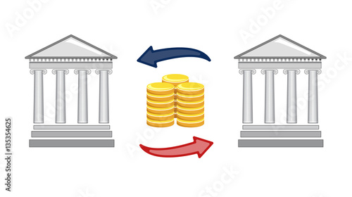 Vector image of two classical style facadse with columns, with coins and arrows
