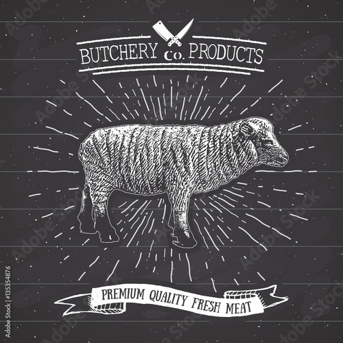 Butcher Shop vintage emblem lamb meat products, butchery Logo template retro style. Vintage Design for Logotype, Label, Badge and brand design. vector illustration on chalkboard.
