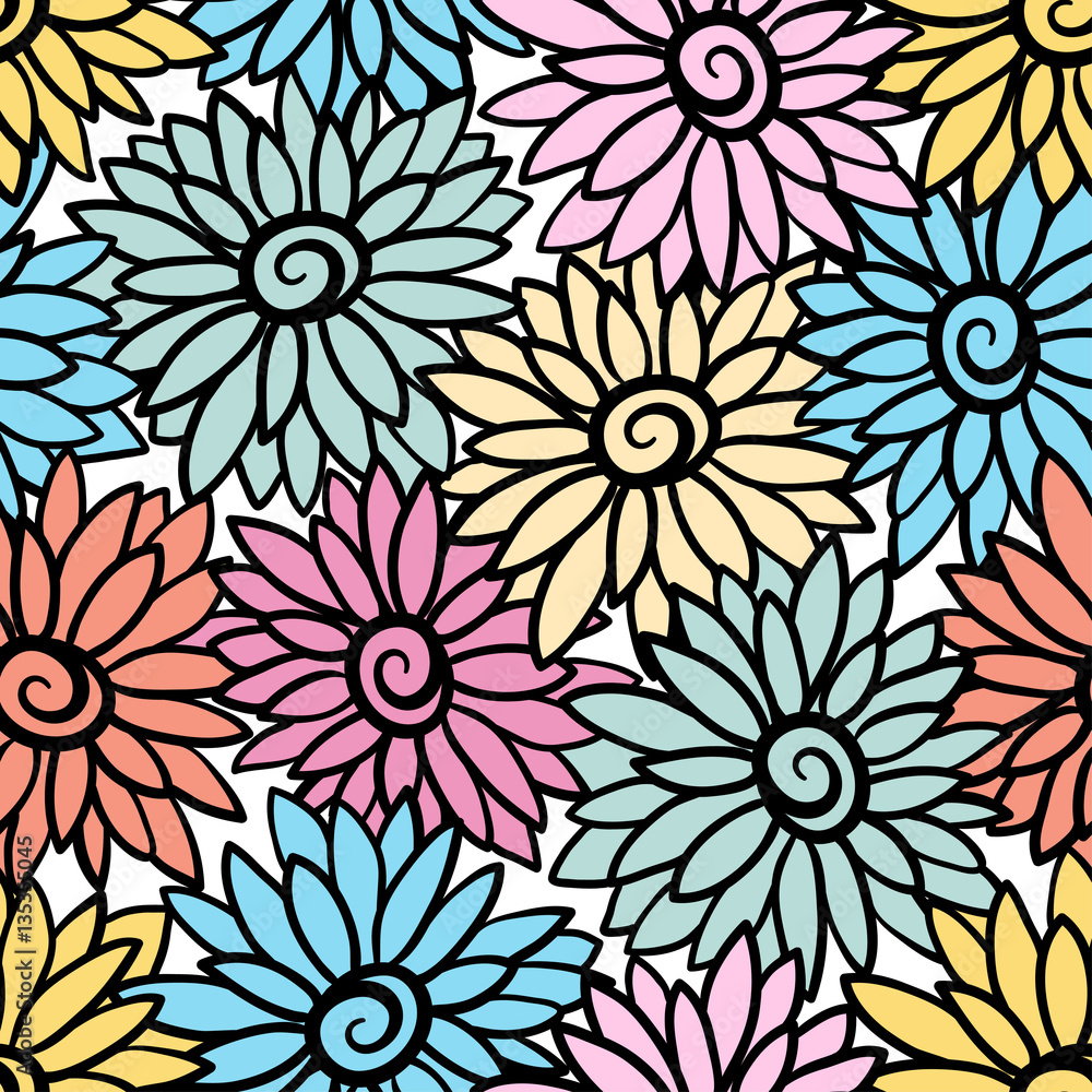 Floral background with stylized blooming chrysanthemum, asters. 